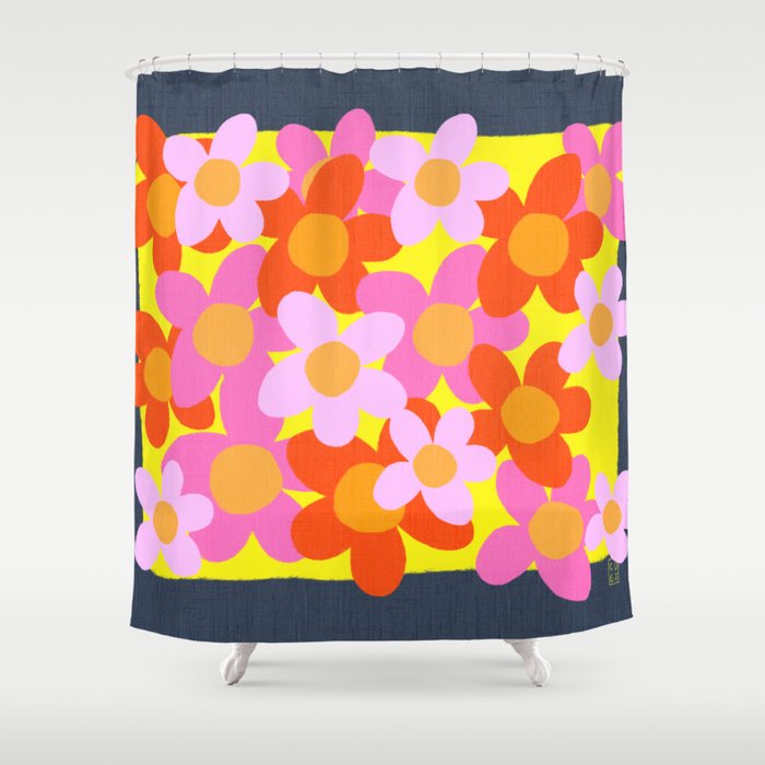 Cheerful Spring Flowers 70’s Retro Yellow on Navy Shower Curtain