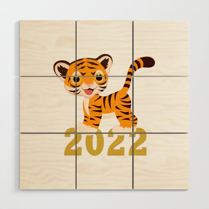 Happy New Year 2022 With Funny Tiger Cub Wood Wall Art