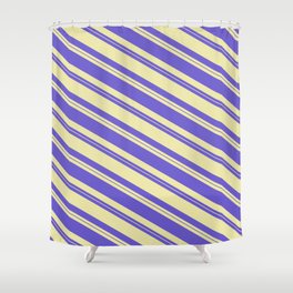 [ Thumbnail: Slate Blue & Pale Goldenrod Colored Lines/Stripes Pattern Shower Curtain ]
