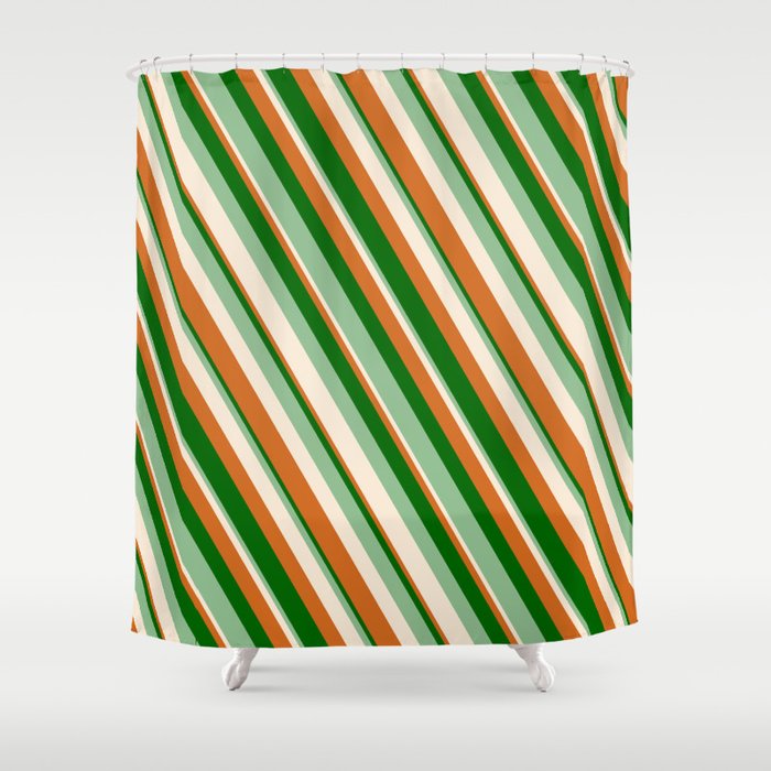 Chocolate, Dark Green, Dark Sea Green & Beige Colored Lines Pattern Shower Curtain
