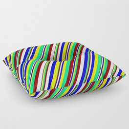 [ Thumbnail: Maroon, White, Blue, Yellow & Green Colored Striped Pattern Floor Pillow ]