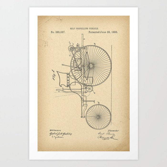 1888 Patent Velocipede Tricycle Bicycle archival history invention Art Print