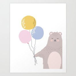 Sweet bear with balloons, whimsical art print. Art Print