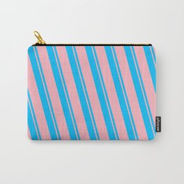 [ Thumbnail: Deep Sky Blue and Light Pink Colored Striped/Lined Pattern Carry-All Pouch ]