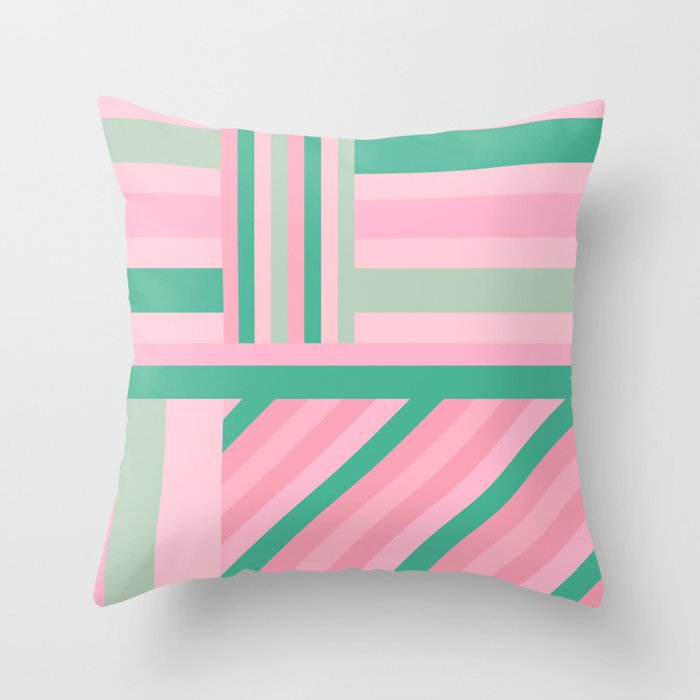 Geometric Stripes Green and Pink Throw Pillow