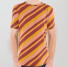[ Thumbnail: Brown, Orange & Light Salmon Colored Lines/Stripes Pattern All Over Graphic Tee ]