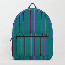 [ Thumbnail: Teal, Maroon & Medium Slate Blue Colored Lined/Striped Pattern Backpack ]