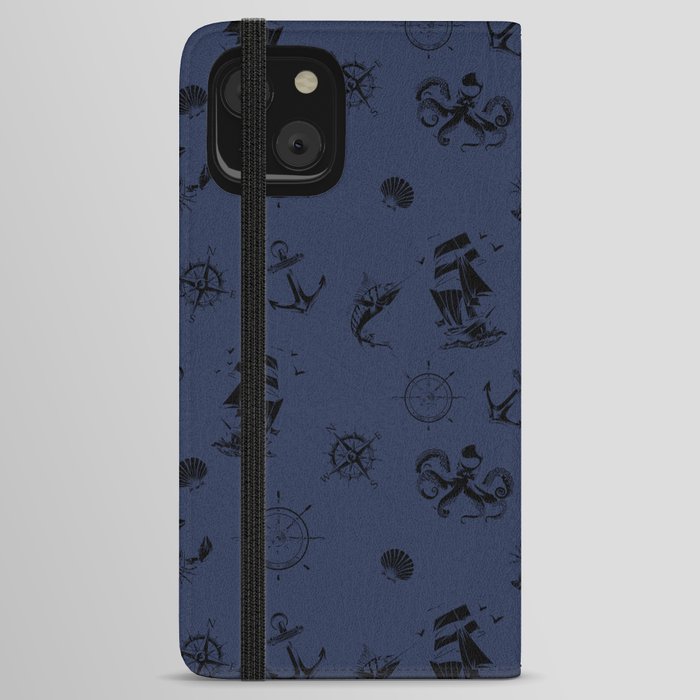 Navy Blue And Black Silhouettes Of Vintage Nautical Pattern iPhone Wallet Case