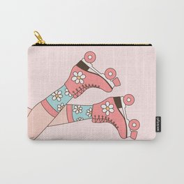 Girl in Vintage Roller Skates and Socks on Daisies in Pastel Mint and Blush Pink Color Carry-All Pouch