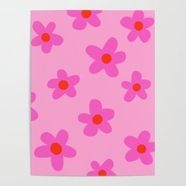 pink 70s floral, flower power print Poster