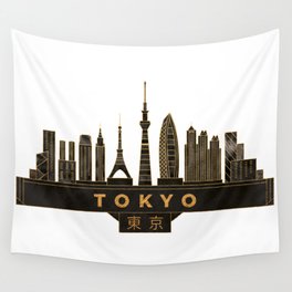 Tokyo Skyline Black and Gold Wall Tapestry