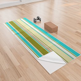 [ Thumbnail: Colorful Dark Turquoise, Pale Goldenrod, Green, Mint Cream & Tan Colored Lined/Striped Pattern Yoga Towel ]