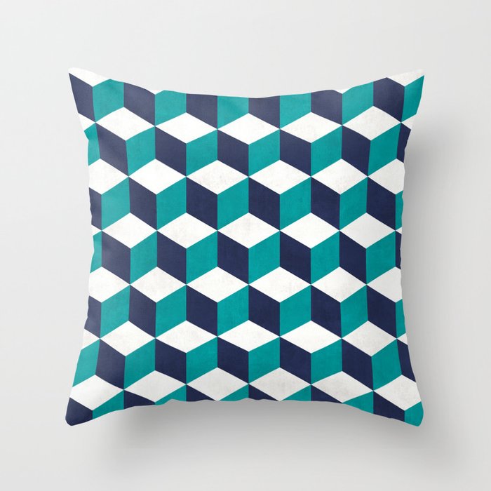Geometric Cube Pattern - Turquoise, White, Blue Throw Pillow