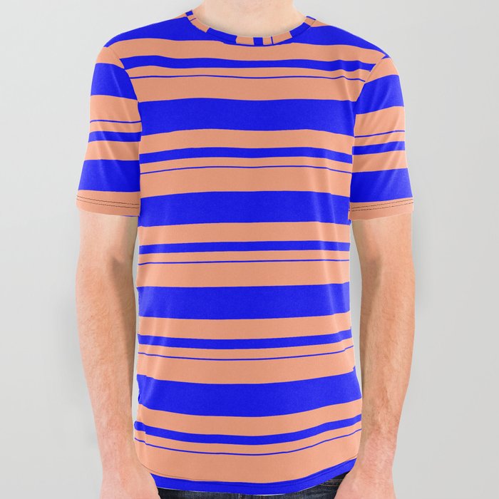 Light Salmon & Blue Colored Lined/Striped Pattern All Over Graphic Tee
