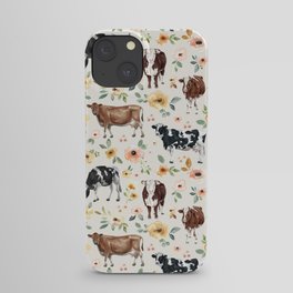 Cows with Pink and Yellow Flowers on Cream, Cow Illustration, Floral iPhone Case