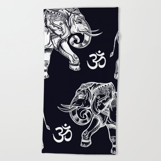 Elephants Pattern on Black Beach Towel