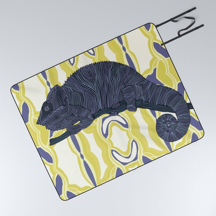 Cool chameleon on a purple and yellow pattern background - animal graphic design Picnic Blanket