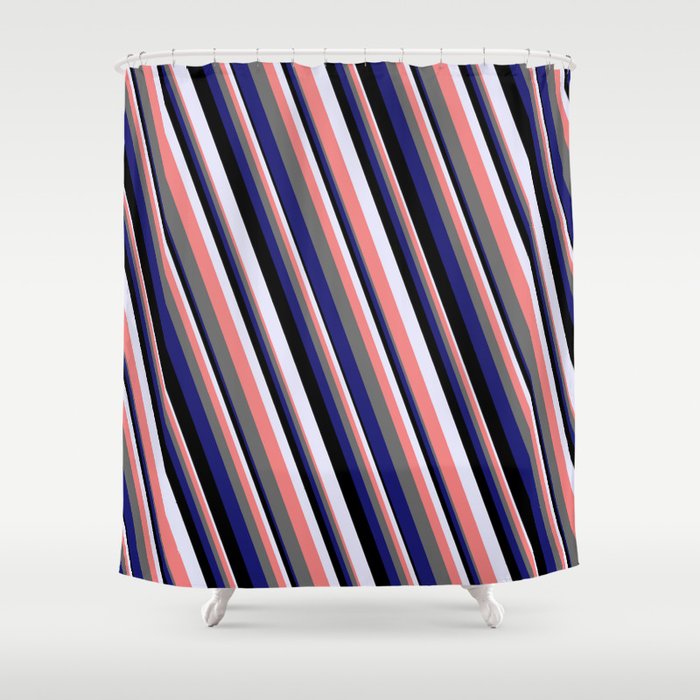 Eye-catching Lavender, Light Coral, Dim Gray, Midnight Blue & Black Colored Striped/Lined Pattern Shower Curtain