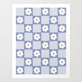 Retro Daisy Flower Checker in Blue  Art Print