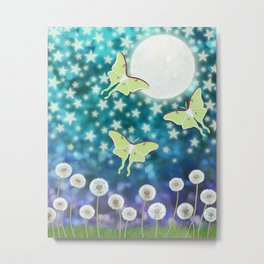 the moon, stars, luna moths, & dandelions Metal Print | Drawing, Tealblue, Violet, Dots, Stars, Colorful, Dandelions, Butterflies, Circles, Bokeh 