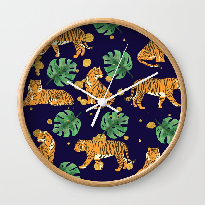 Modern Trendy Jungle Monstera and Tigers with Gold Spots Pattern Wall Clock