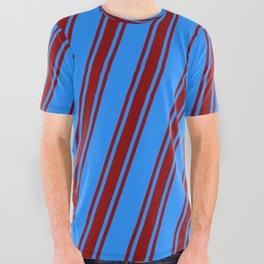[ Thumbnail: Blue & Dark Red Colored Striped/Lined Pattern All Over Graphic Tee ]
