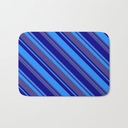 [ Thumbnail: Dark Slate Blue, Dark Blue & Blue Colored Stripes Pattern Bath Mat ]