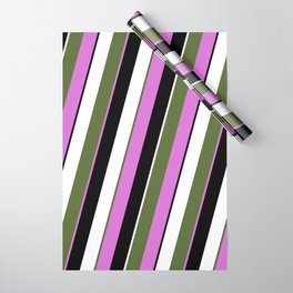 [ Thumbnail: Dark Olive Green, Orchid, Black & White Colored Lined/Striped Pattern Wrapping Paper ]