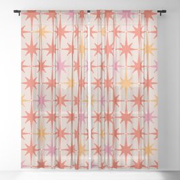 Midcentury Modern Atomic Starburst Pattern Pink Orange Sheer Curtain