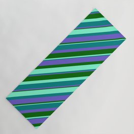 [ Thumbnail: Aquamarine, Teal, Slate Blue, and Dark Green Colored Striped Pattern Yoga Mat ]