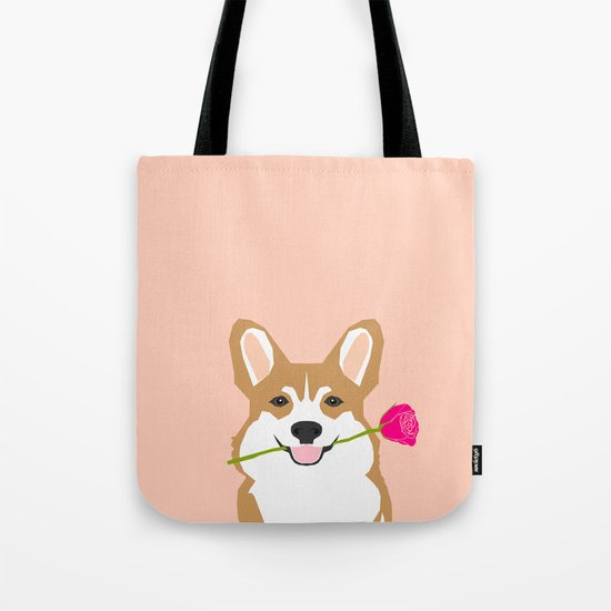Valentines - Corgi with Rose - Love, Cute Corgi for Corgi Owners, Trendy Girls Love, Valentines Day Tote Bag