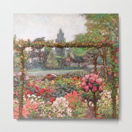 Un jardin d'ete flower garden with Cathedral - post impressionist flowers landscape oil by Octave Guillonnet Metal Print