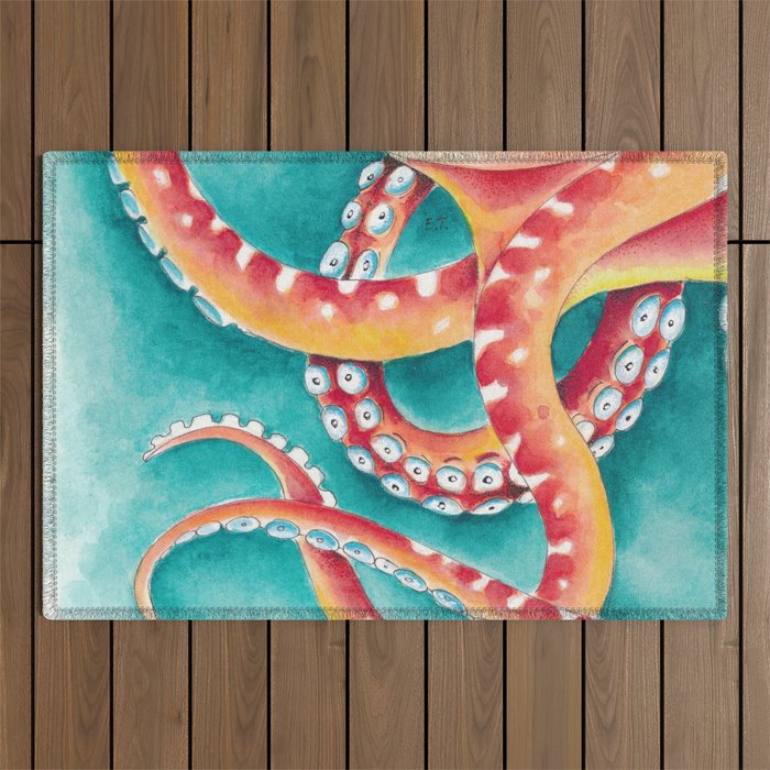 Orange Red Tentacles Octopus Squid Watercolor Outdoor Rug