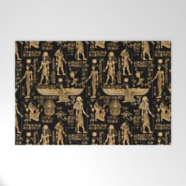 Egyptian hieroglyphs and Gods gold and black Welcome Mat