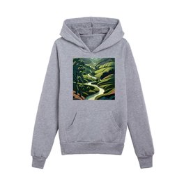 A Winding River through a Green Valley Kids Pullover Hoodies