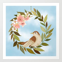 Blue Sky, Blooms And A Beautiful Bird Art Print
