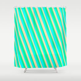 [ Thumbnail: Aqua, Tan, and Green Colored Striped/Lined Pattern Shower Curtain ]
