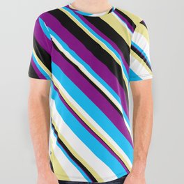 [ Thumbnail: Eye-catching Purple, Deep Sky Blue, White, Tan & Black Colored Striped Pattern All Over Graphic Tee ]