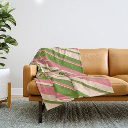 [ Thumbnail: Bisque, Green, and Light Coral Colored Striped/Lined Pattern Throw Blanket ]