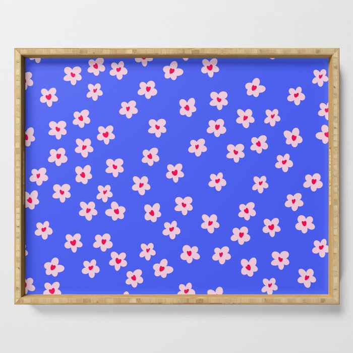 Cute Flowers with Hearts on Vibrant Blue Serving Tray