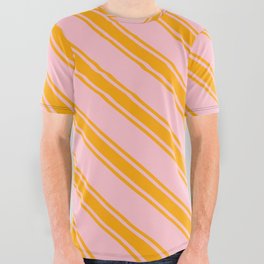 [ Thumbnail: Pink & Orange Colored Lines/Stripes Pattern All Over Graphic Tee ]