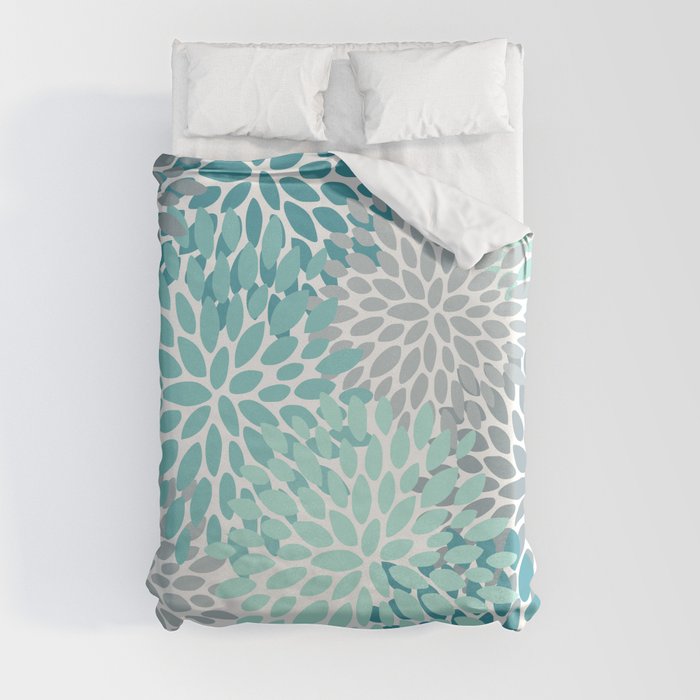Floral Pattern, Aqua, Teal, Turquoise and Gray Throw Pillow by Megan Morris