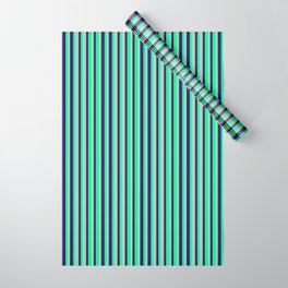 [ Thumbnail: Midnight Blue, Green, and Grey Colored Stripes/Lines Pattern Wrapping Paper ]