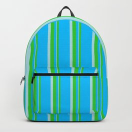 [ Thumbnail: Deep Sky Blue, Lime Green, and Powder Blue Colored Striped Pattern Backpack ]