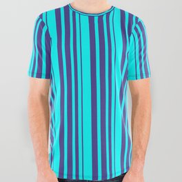 [ Thumbnail: Aqua & Dark Slate Blue Colored Striped Pattern All Over Graphic Tee ]