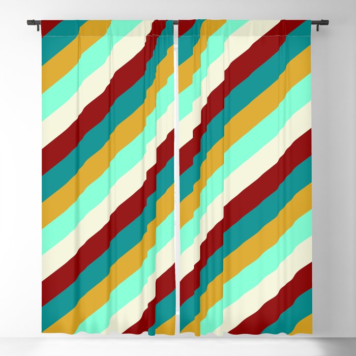 Eye-catching Dark Cyan, Goldenrod, Aquamarine, Beige, and Dark Red Colored Lined Pattern Blackout Curtain
