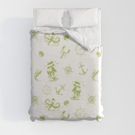 Light Green Silhouettes Of Vintage Nautical Pattern Duvet Cover