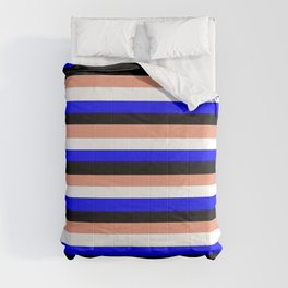 [ Thumbnail: Dark Salmon, White, Blue & Black Striped Pattern Comforter ]