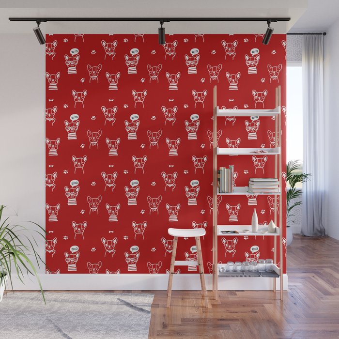 Red and White Hand Drawn Dog Puppy Pattern Wall Mural