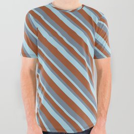 [ Thumbnail: Sienna, Light Slate Gray & Light Blue Colored Lines/Stripes Pattern All Over Graphic Tee ]